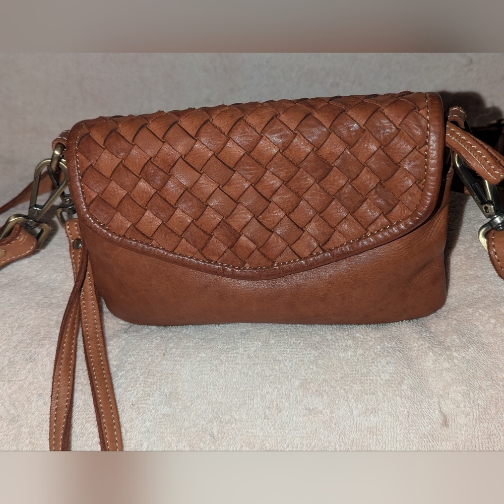 LUZIA Tan Woven Leather Crossbody Bag Wristlet